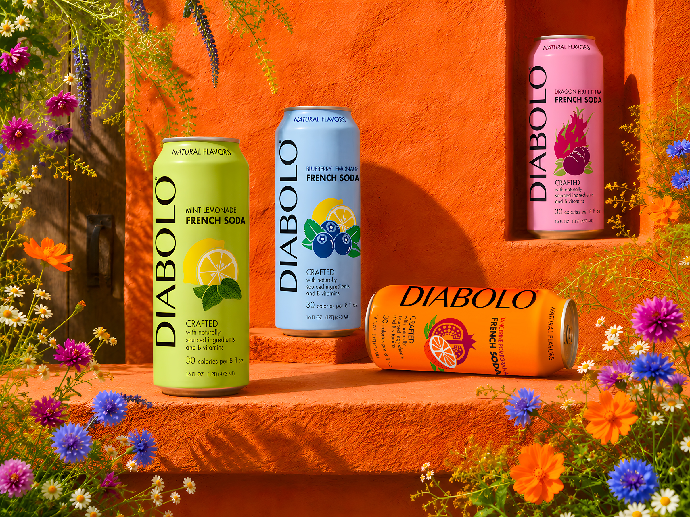 Diabolo French Soda can lineup displayed against a wall